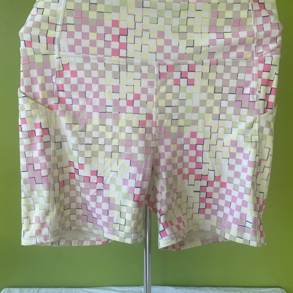 Fabletics Pink and Cream Bike Shorts with Checkered Pattern